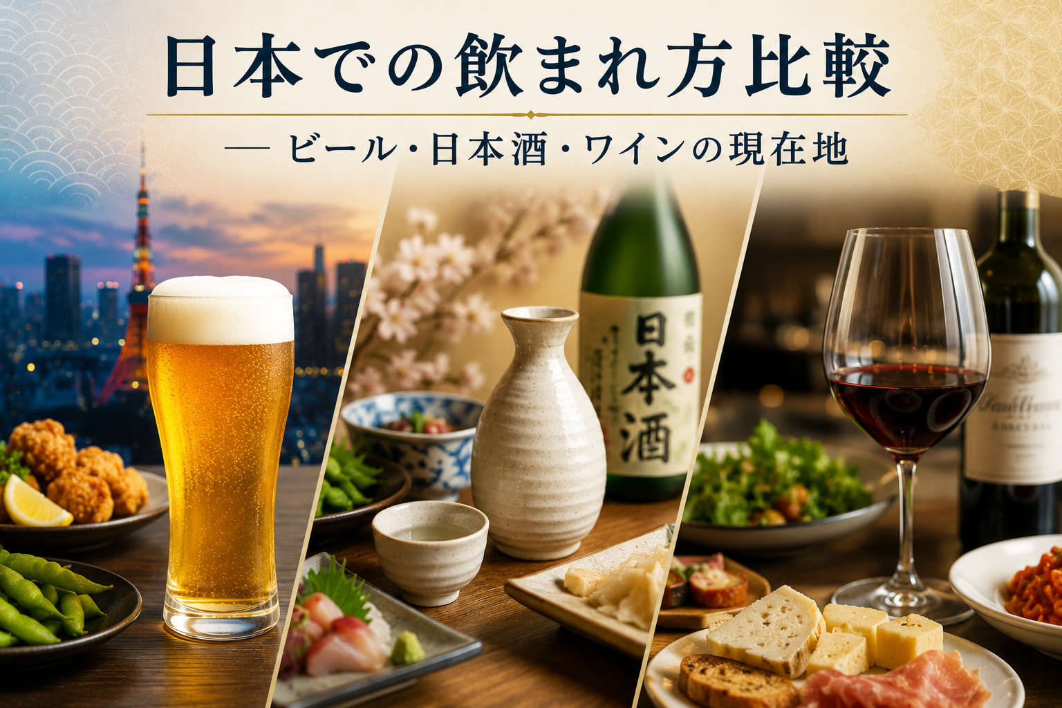 日本におけるビール・日本酒・ワインの飲まれ方の違いを表現したイメージ