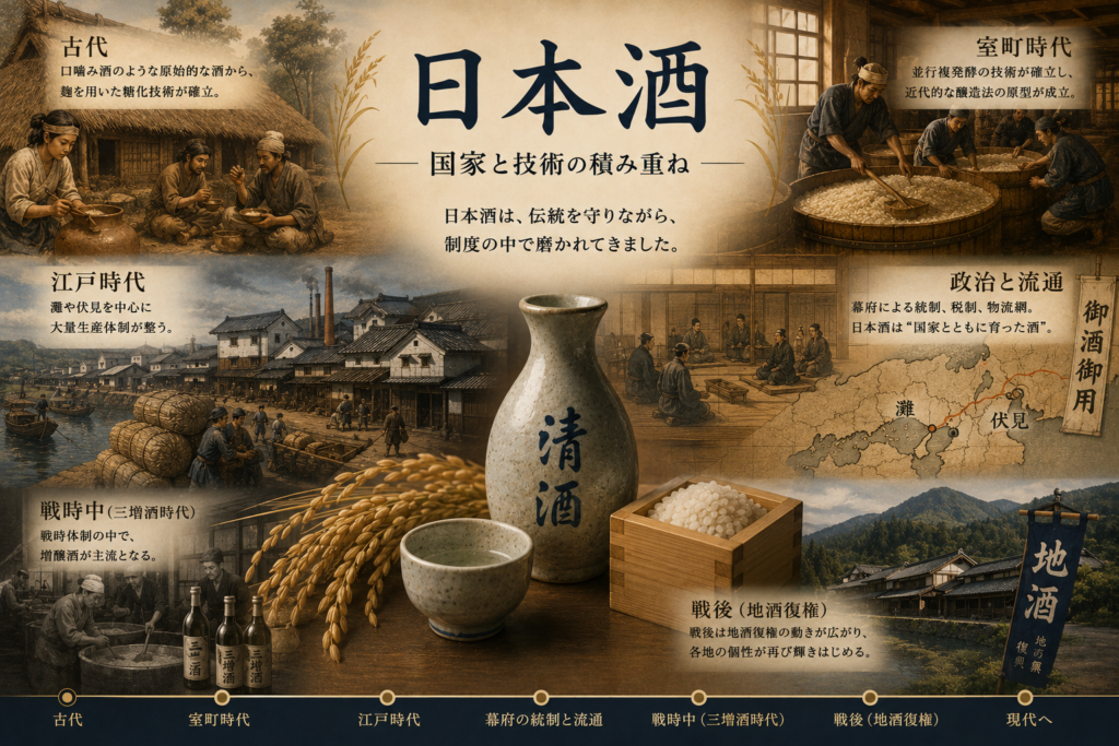 日本酒の歴史と技術イメージ図