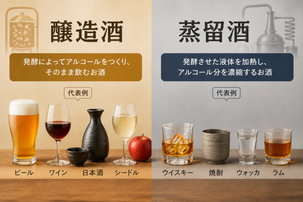 醸造酒と蒸留酒の違いのイメージ図