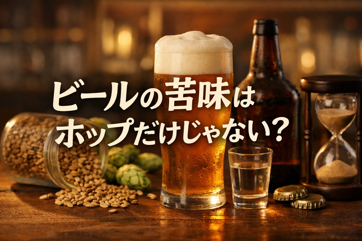 ビールの苦味がホップ以外にもモルトやアルコール、保存によって変わることを表現したビールと原料のイメージ