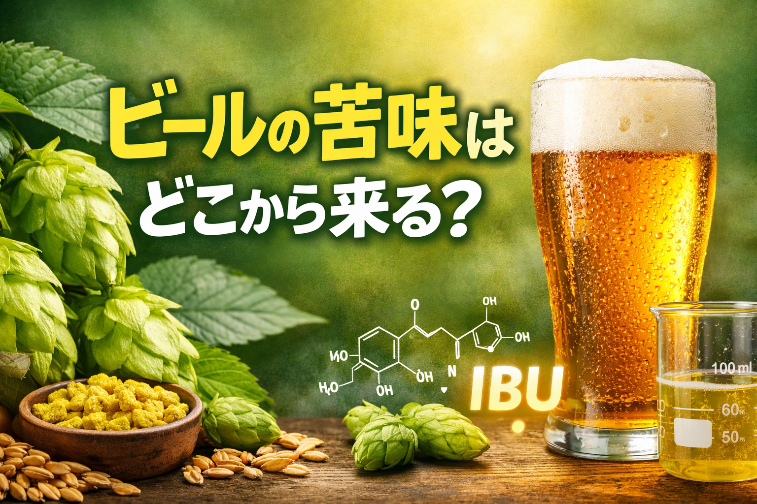 ビールの苦味の由来を表現したグラスビールとホップ、IBUのイメージ