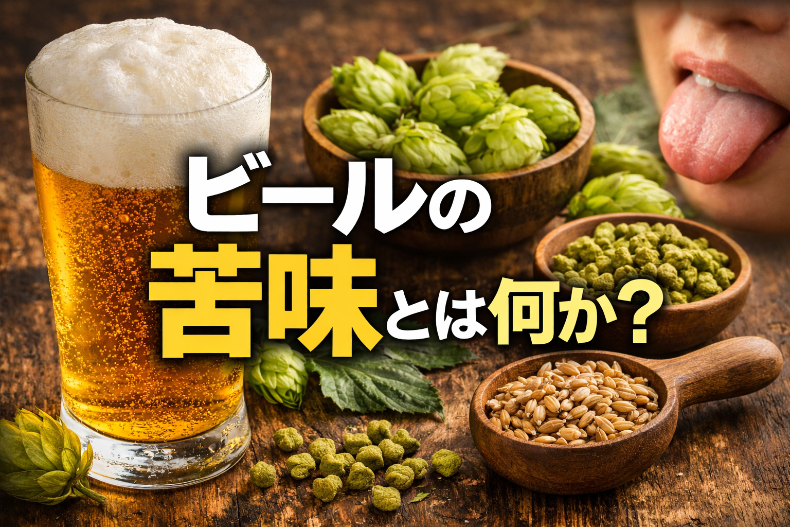 ビールの苦味を表現したグラスビールとホップ・麦芽のイメージ