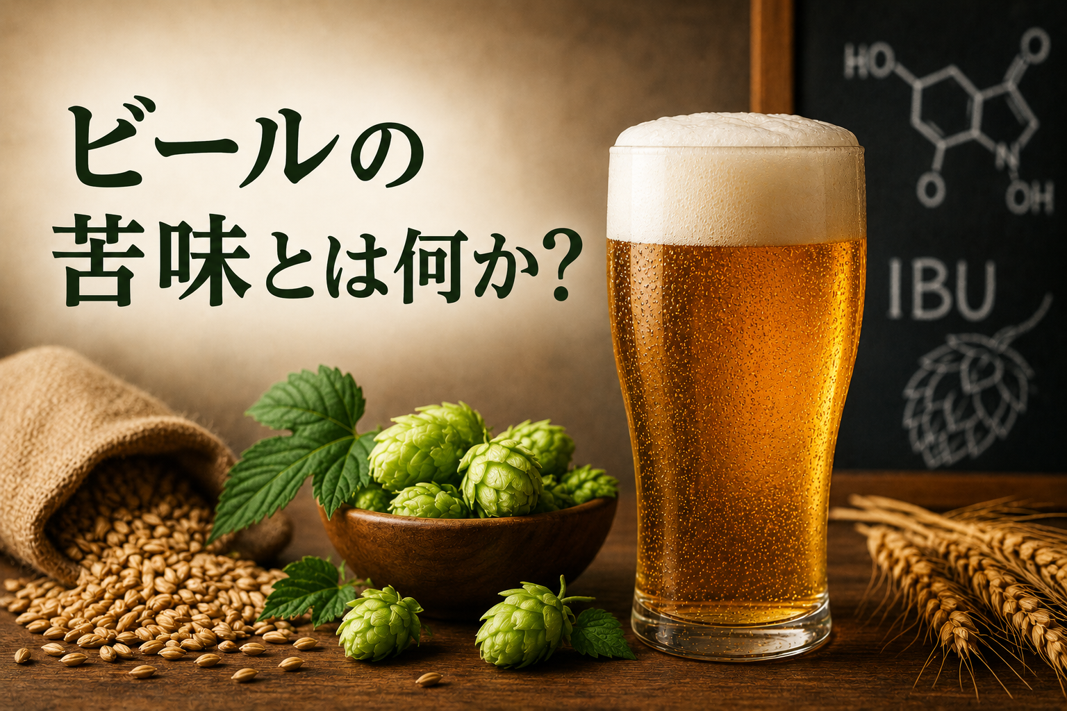 ビールの苦味を表現したグラスビールとホップ・麦芽のイメージ