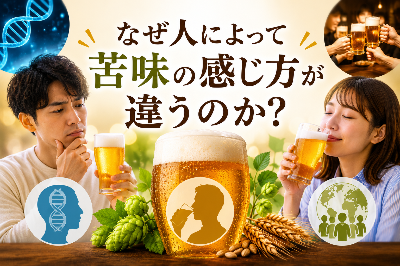人によって苦味の感じ方が異なる理由を、遺伝子や文化の違いで表現したイメージ