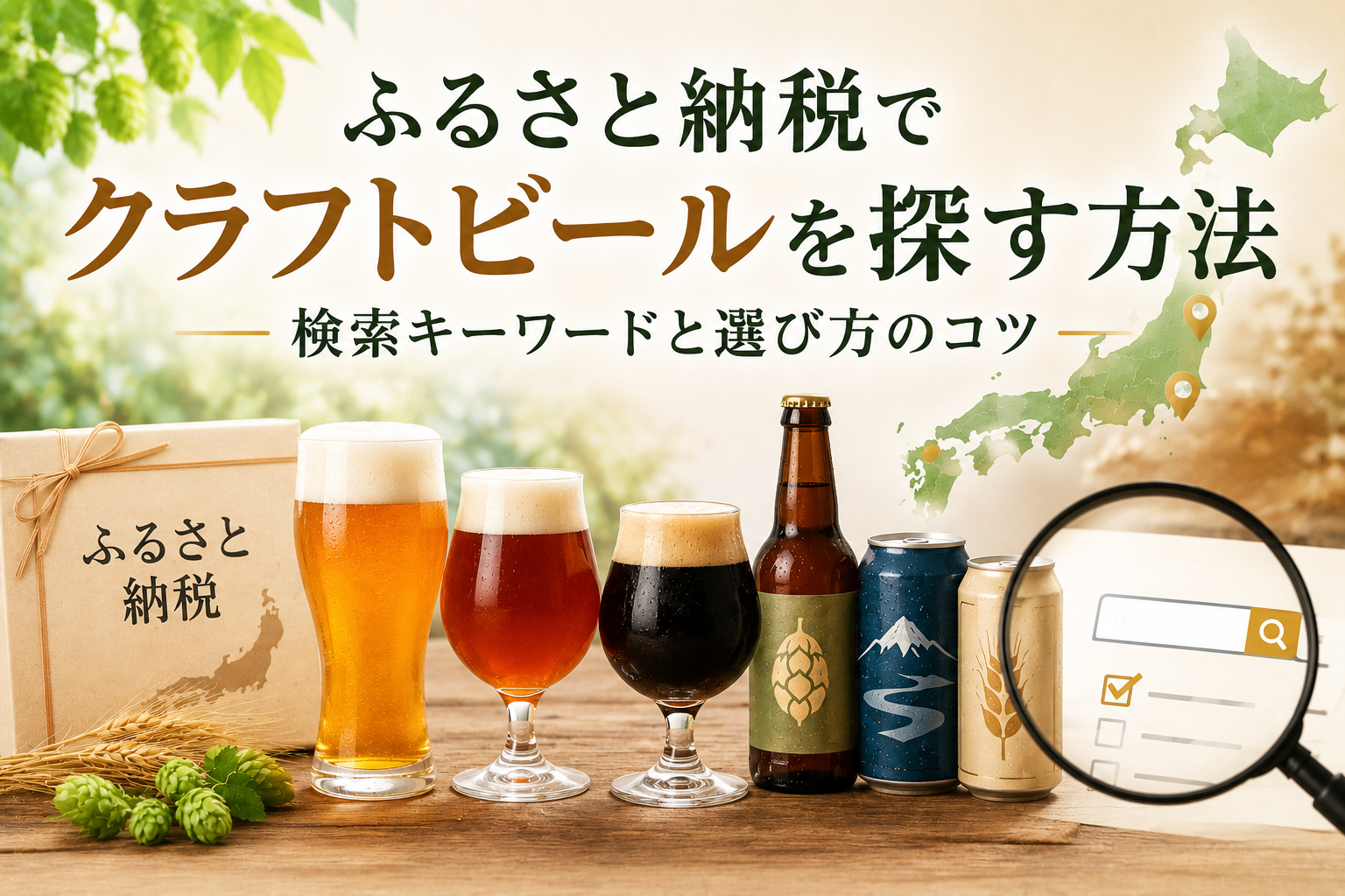 ふるさと納税でクラフトビールを探す方法をイメージした画像。クラフトビール、検索画面、日本地図を組み合わせ、検索キーワードと選び方のコツを表現している