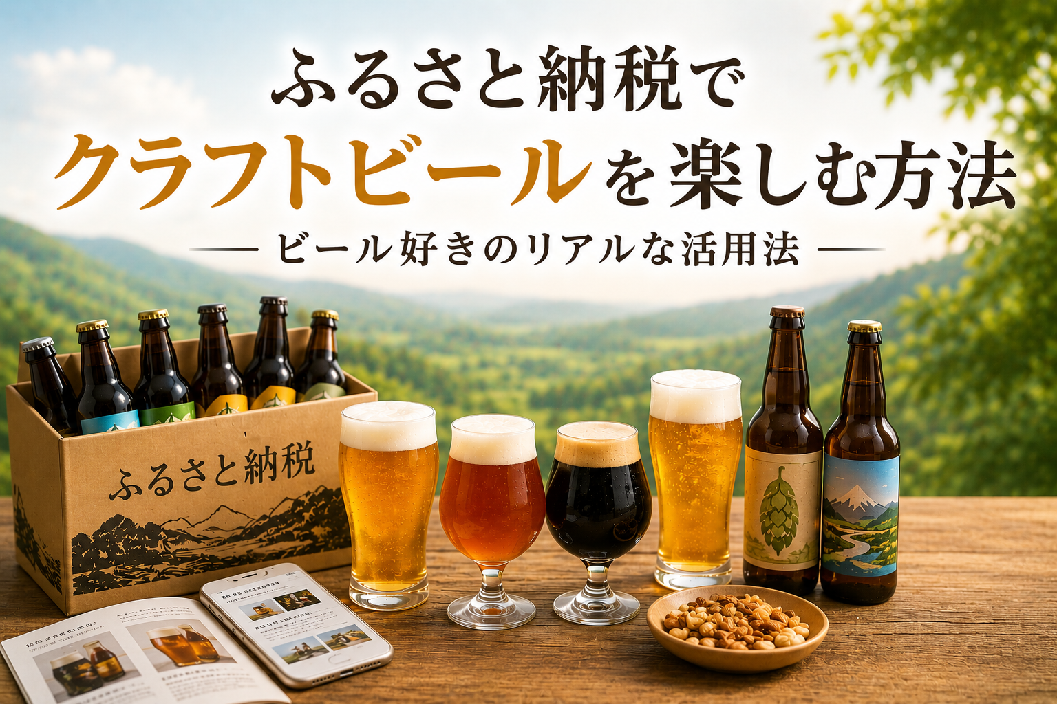 ふるさと納税でクラフトビールを楽しむ様子を表現したイメージ画像。返礼品のクラフトビールや飲み比べを通じた楽しみ方を表現している