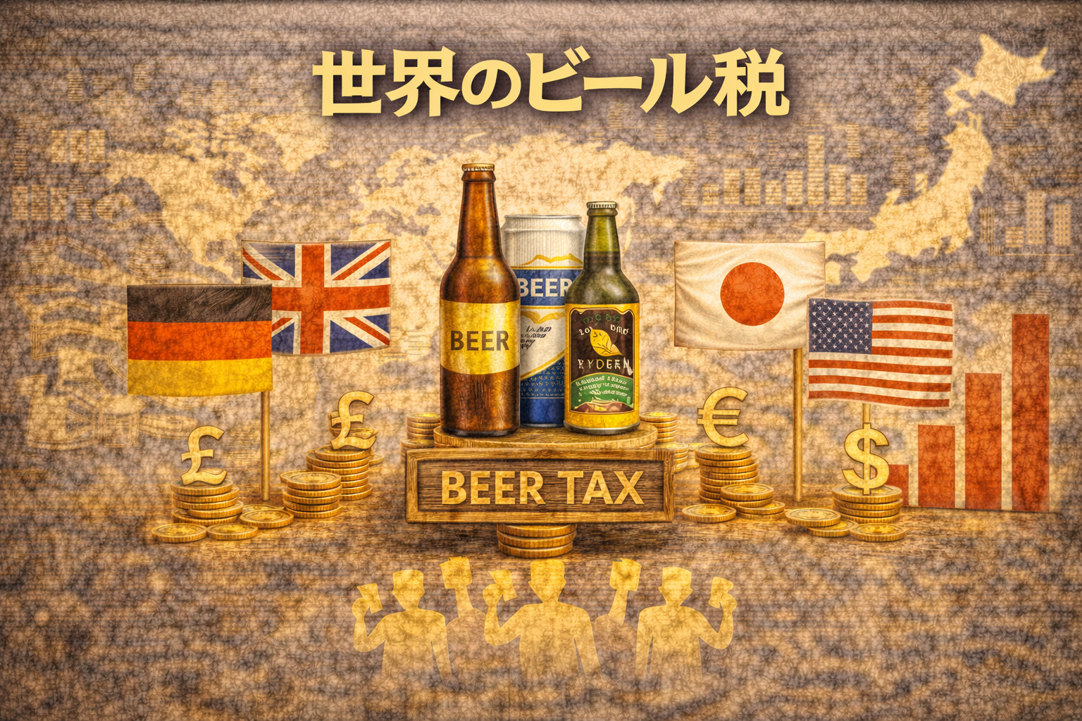 国ごとに異なるビール税の仕組みを比較して表現したイメージ