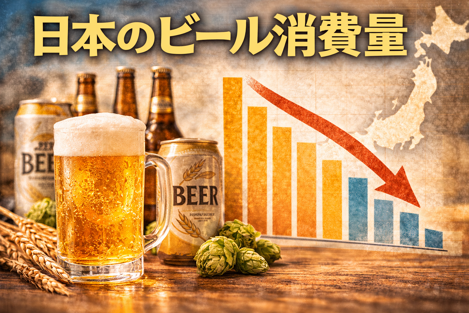 日本人のビール消費量や飲酒量をイメージで表現した画像