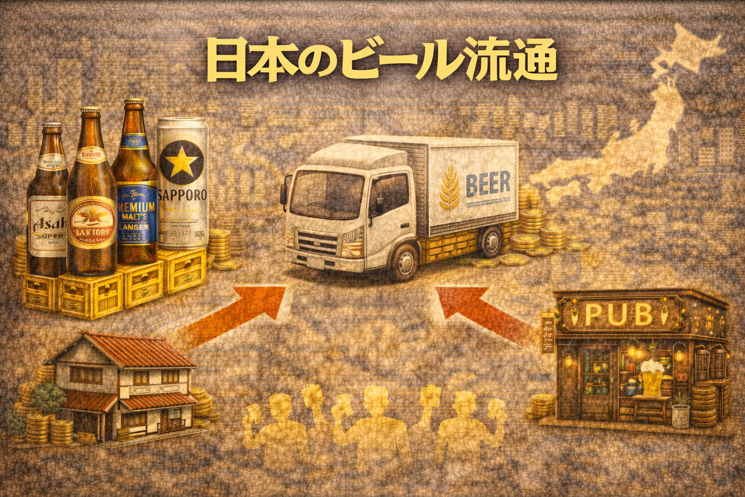 ビールが製造から店舗まで流通する流れをイメージで表現した画像