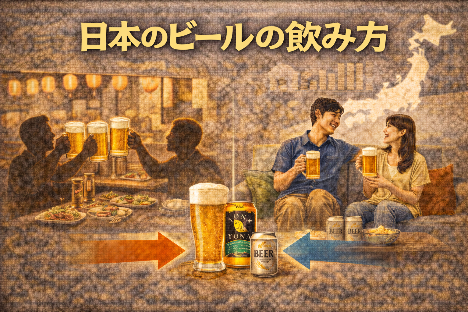 日本のビールの飲み方や多様化する飲酒文化を表現したイメージ