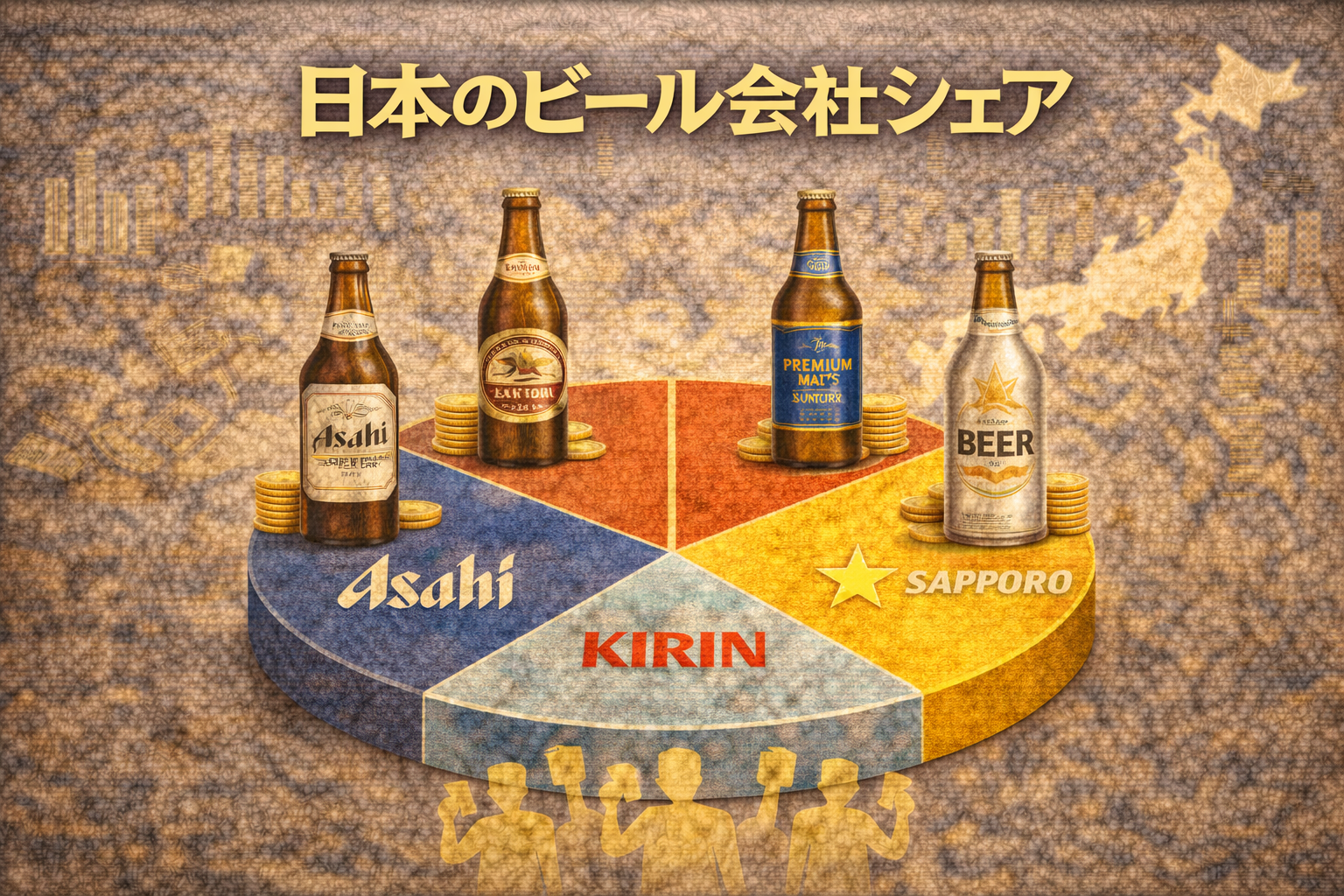 日本のビール会社シェアを大手メーカー中心に表現したイメージ