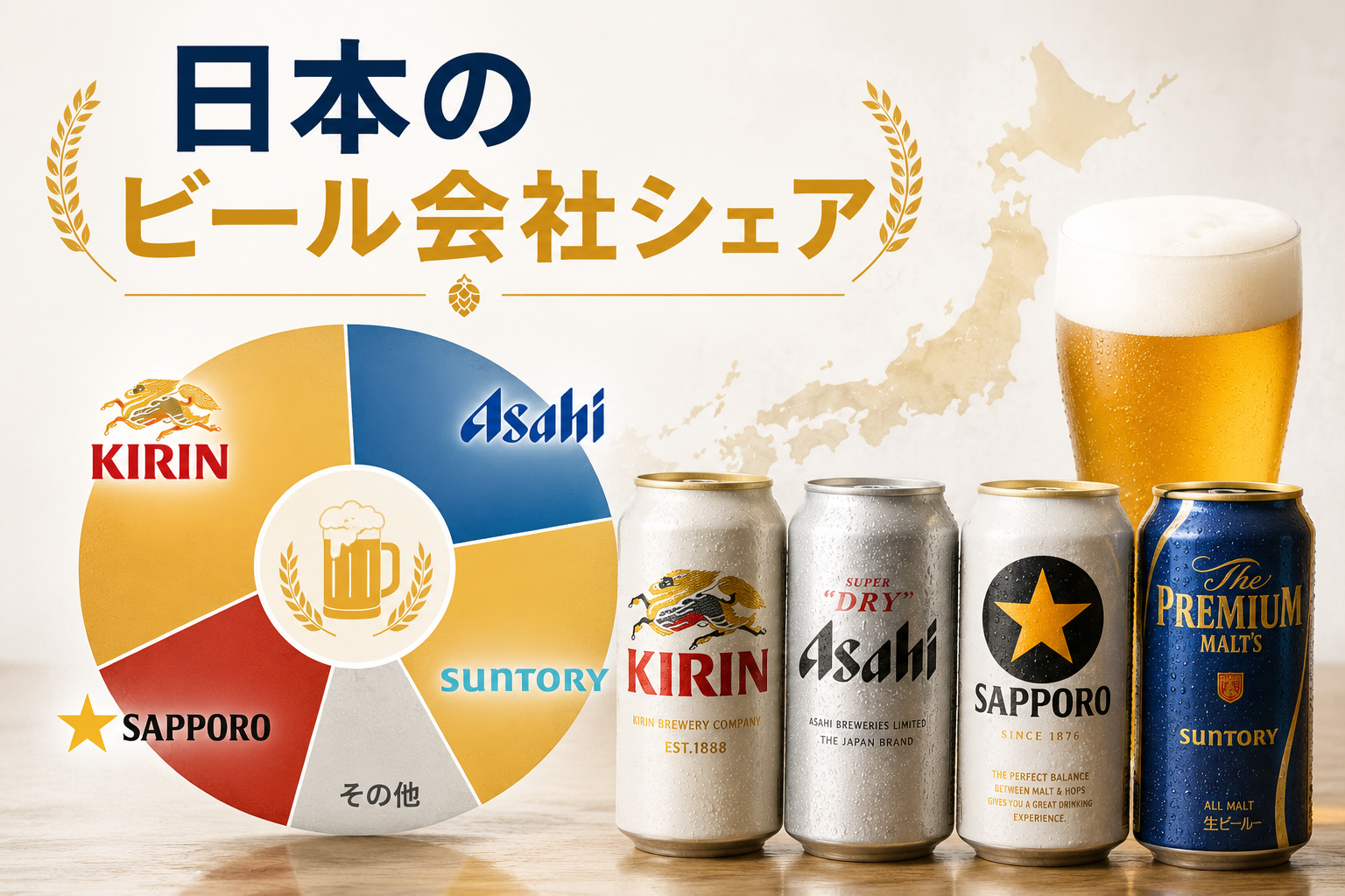 日本のビール会社シェアを大手メーカー中心に表現したイメージ