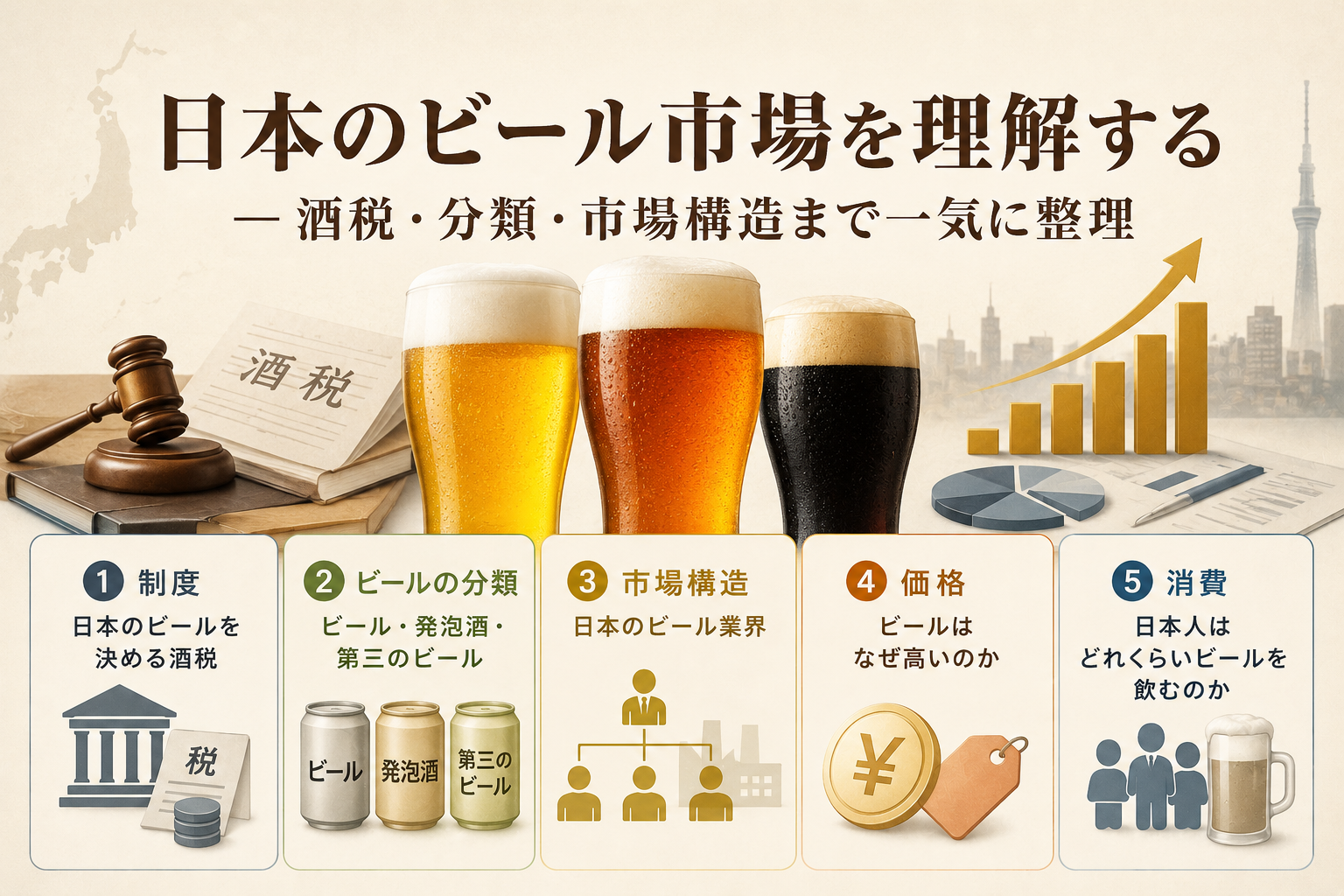 日本のビール市場の全体構造を示したイメージ。酒税制度、ビール・発泡酒・第三のビールの分類、市場構造、価格、消費を整理している