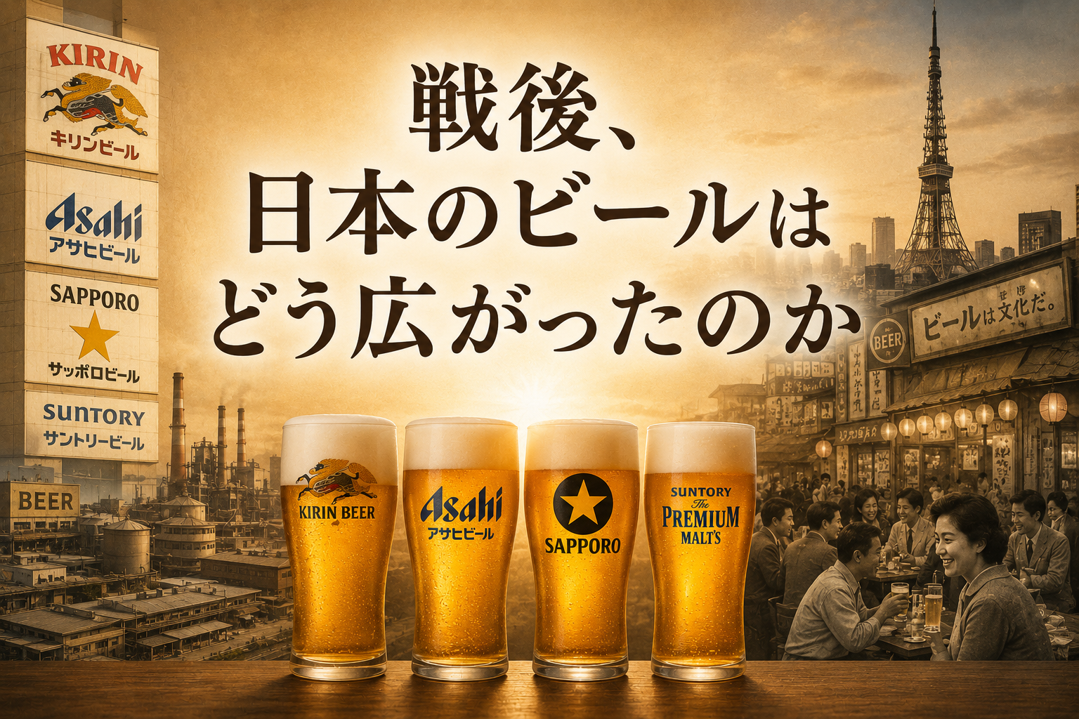 戦後に日本のビール文化が広がった様子を表現したイメージ
