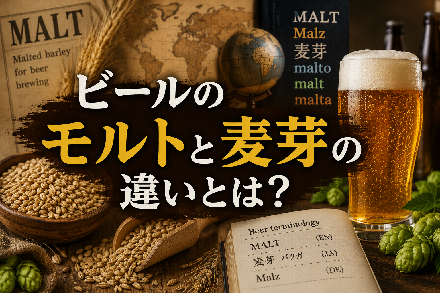 「モルト」と「麦芽」の違いをテーマに、ビール原料の知識や海外ビール文化をイメージしたアイキャッチ画像。麦芽・モルト・ビール・英語表記などを使い、ビール用語の違いをわかりやすく表現している。