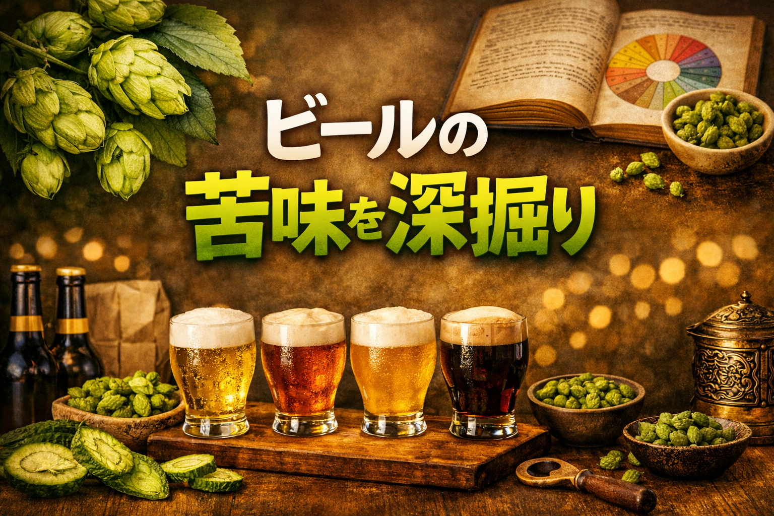 ビールの苦味についてホップ・味覚・文化の観点から全体像を表現したイメージ