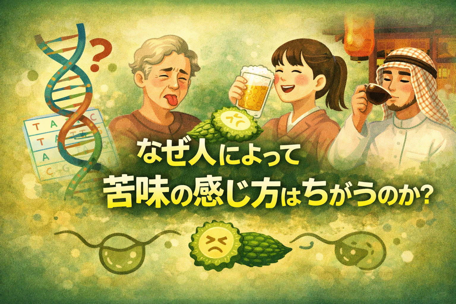 人によって苦味の感じ方が異なる理由を、遺伝子や文化の違いで表現したイメージ
