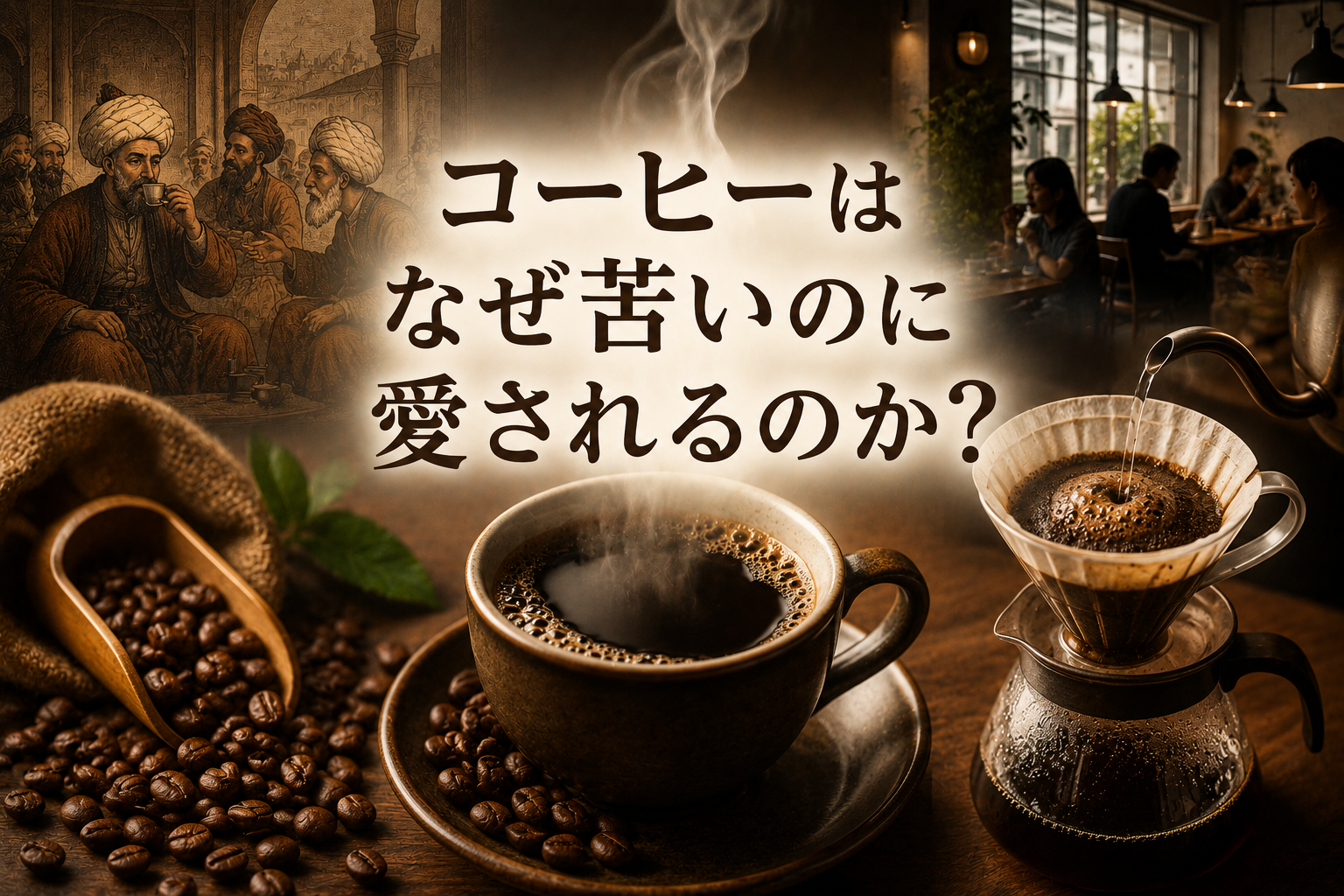 苦いコーヒーがなぜ人に愛されるのかを、歴史や文化の背景とともに表現したイメージ