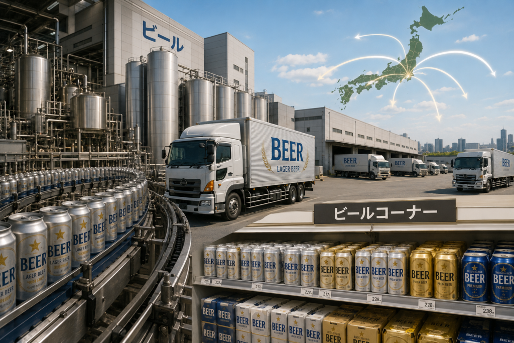 日本のビール生産と流通のイメージ画像
