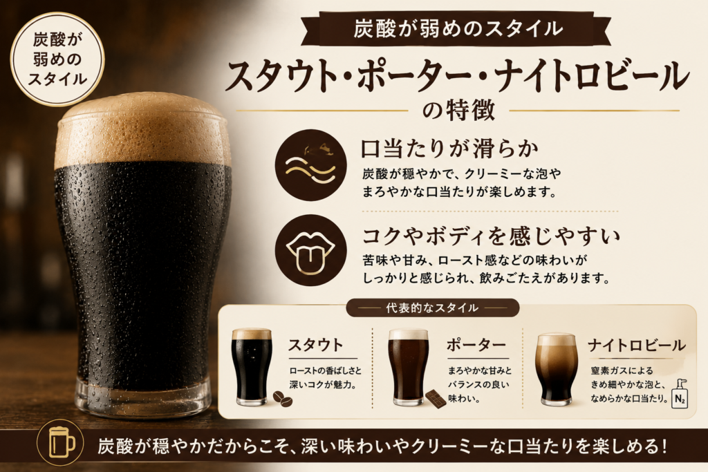 炭酸が弱めの、スタウト・ポーター・ナイトロビールのイメージ画像