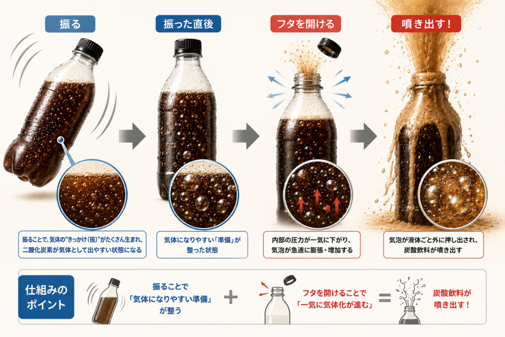 炭酸飲料の噴き出しメカニズムのイメージ画像