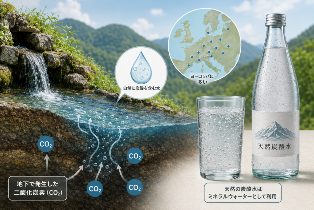 自然の炭酸水とその生成過程のイメージ図
