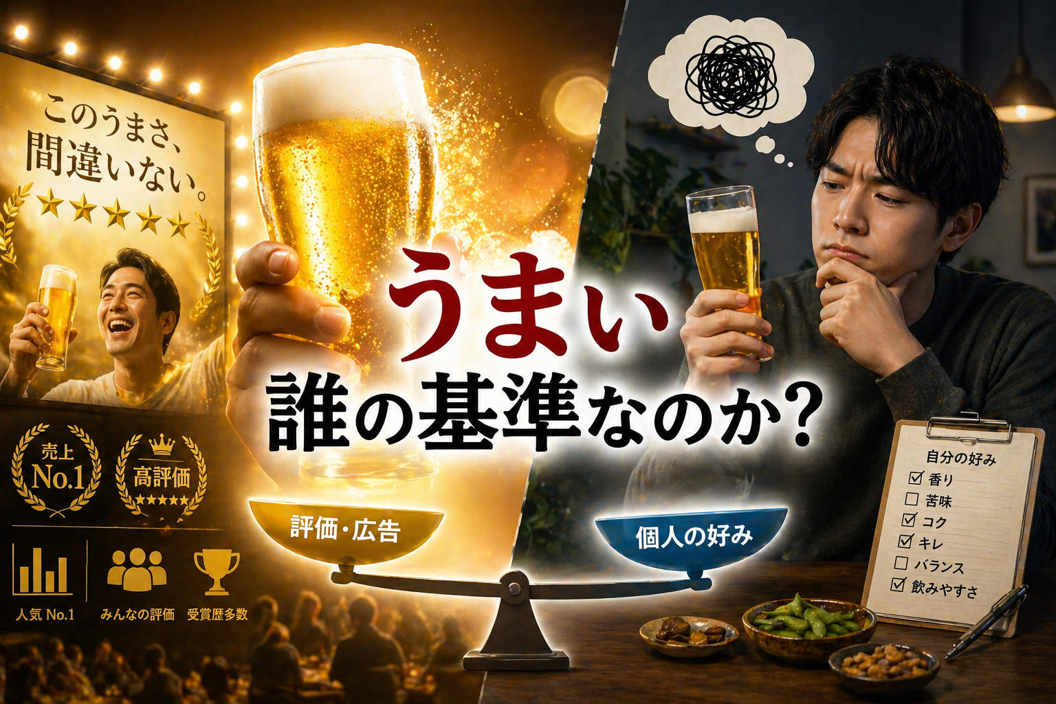 ビールのCMで表現される「うまい」と、自分の感じ方のズレを示すイメージ。評価や広告と個人の好みを対比した構図