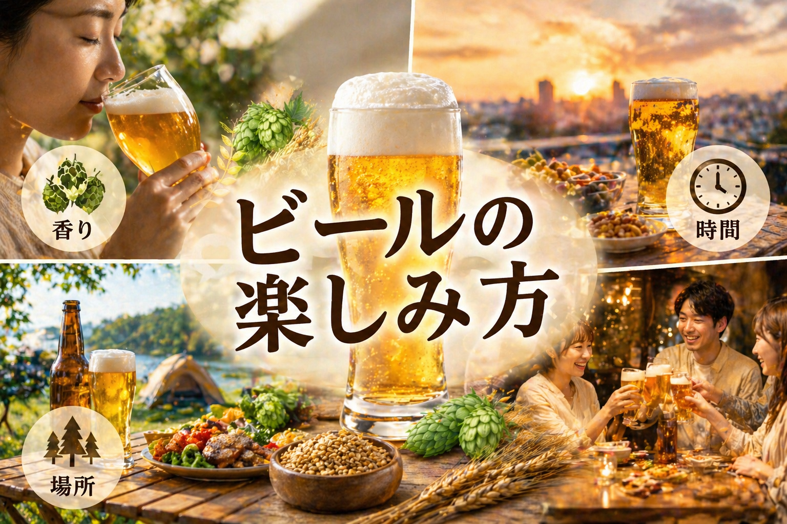 ビールの楽しみ方が味だけでなく、香り・時間・場所によって変わることを表現したイメージ。異なるシーンでビールを楽しむ様子の構図