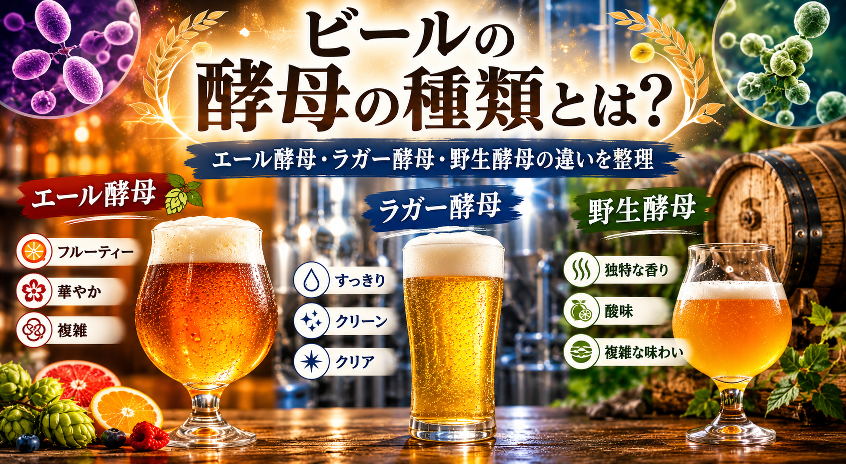 エール酵母・ラガー酵母・野生酵母の違いと、それぞれがビールの香りや味わいに与える影響を表現したアイキャッチ画像
