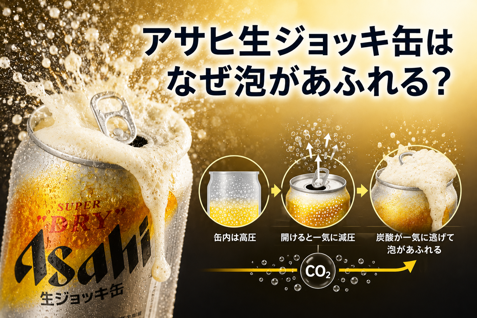 アサヒ生ジョッキ缶を開けた瞬間に泡があふれる様子と、炭酸が活性化するイメージ図