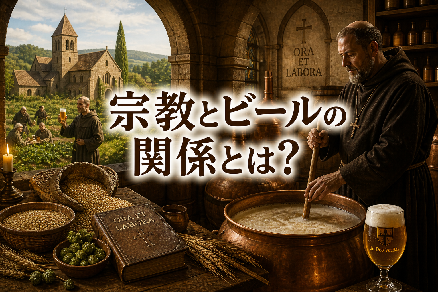 修道院とビールの関係を示すイメージ。信仰と醸造のつながりを表現した構図