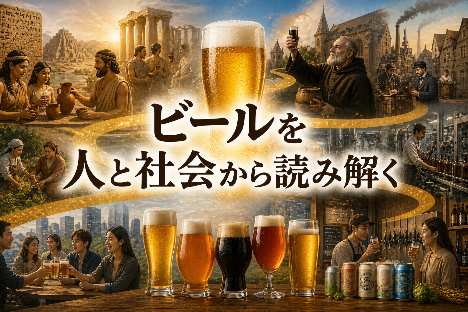 ビールの歴史を人と社会の関係から俯瞰するイメージ。古代から現代までの変化を象徴する構図
