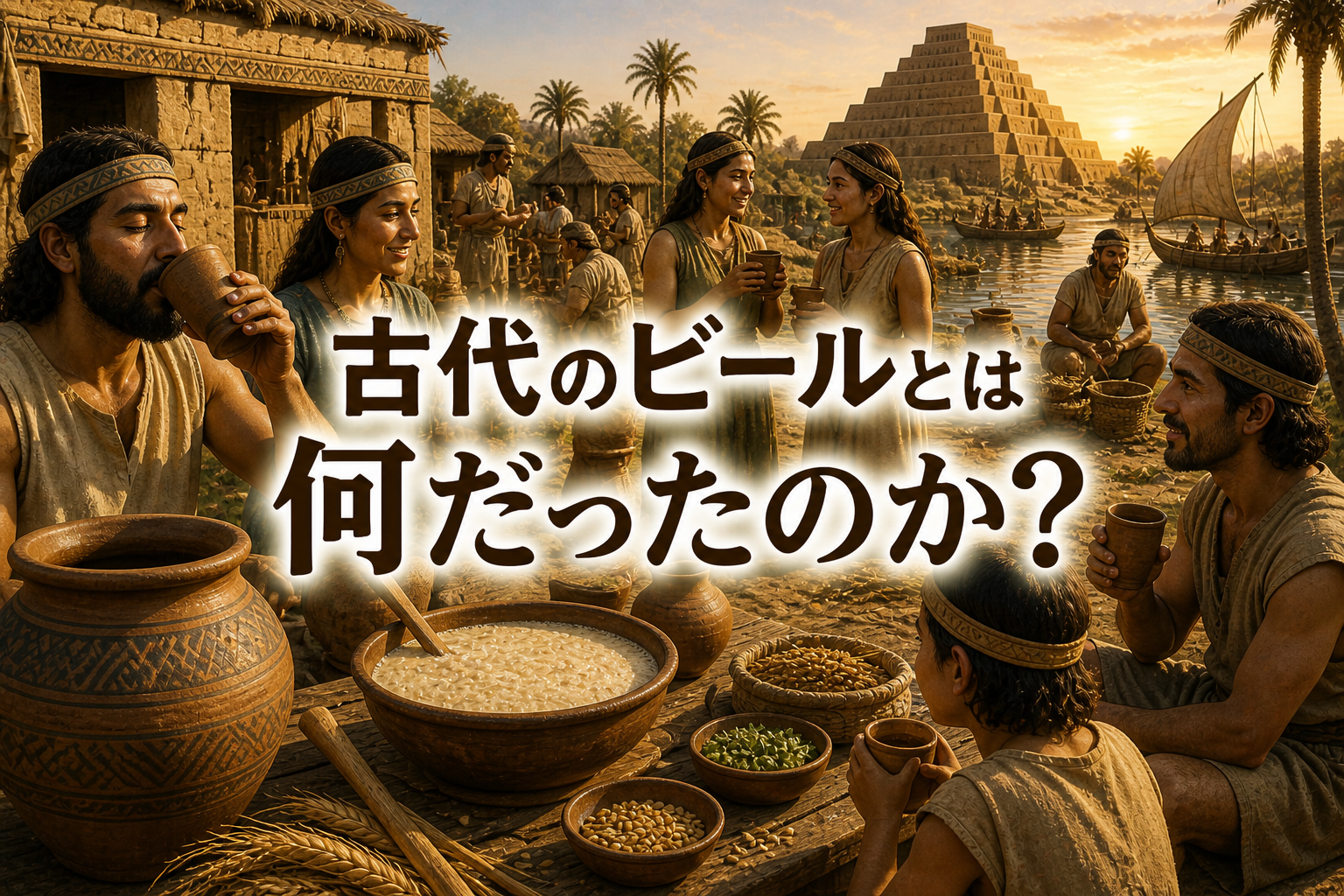 古代の人々が日常的にビールを飲んでいる様子を表現したイメージ