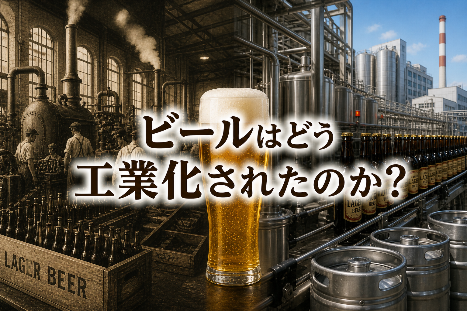 ビールの大量生産と工業化を示すイメージ。工場とラガービールの対比構図