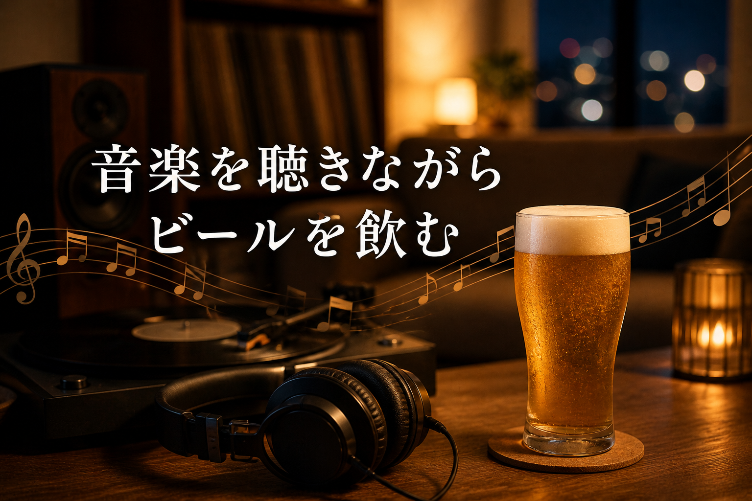 音楽を聴きながらビールを飲み、味や体験の違いを楽しむイメージ