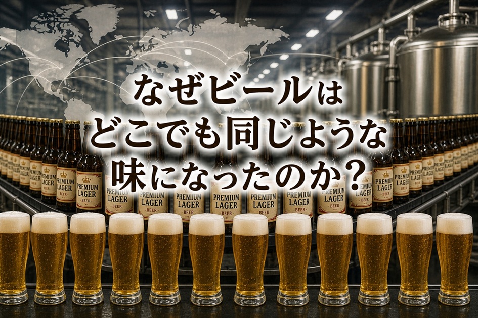 ビールの味が均一化していく様子を示すイメージ。同じビールが並ぶ構図