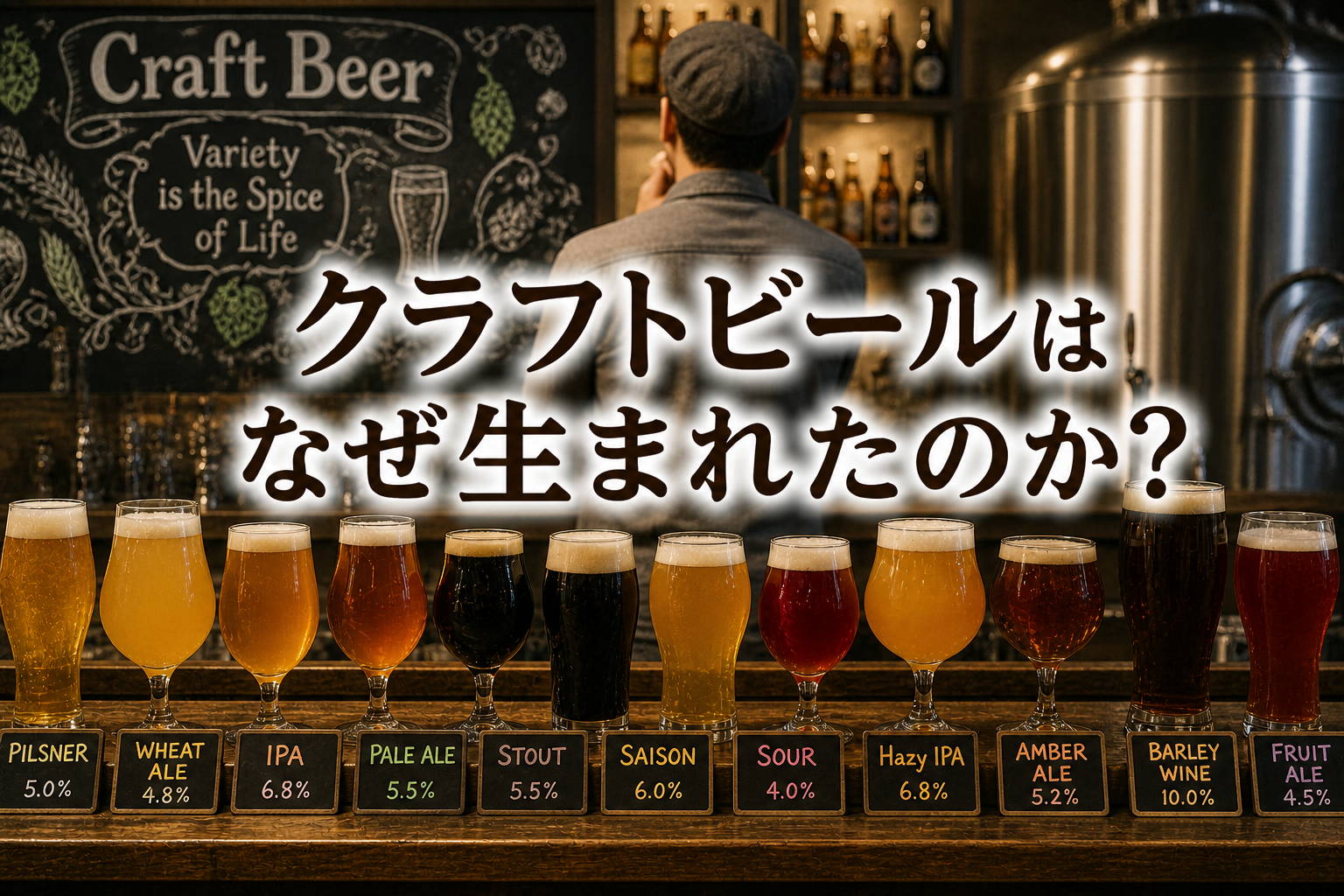 クラフトビールの多様性と個人の選択を示すイメージ。さまざまなビールが並ぶ構図