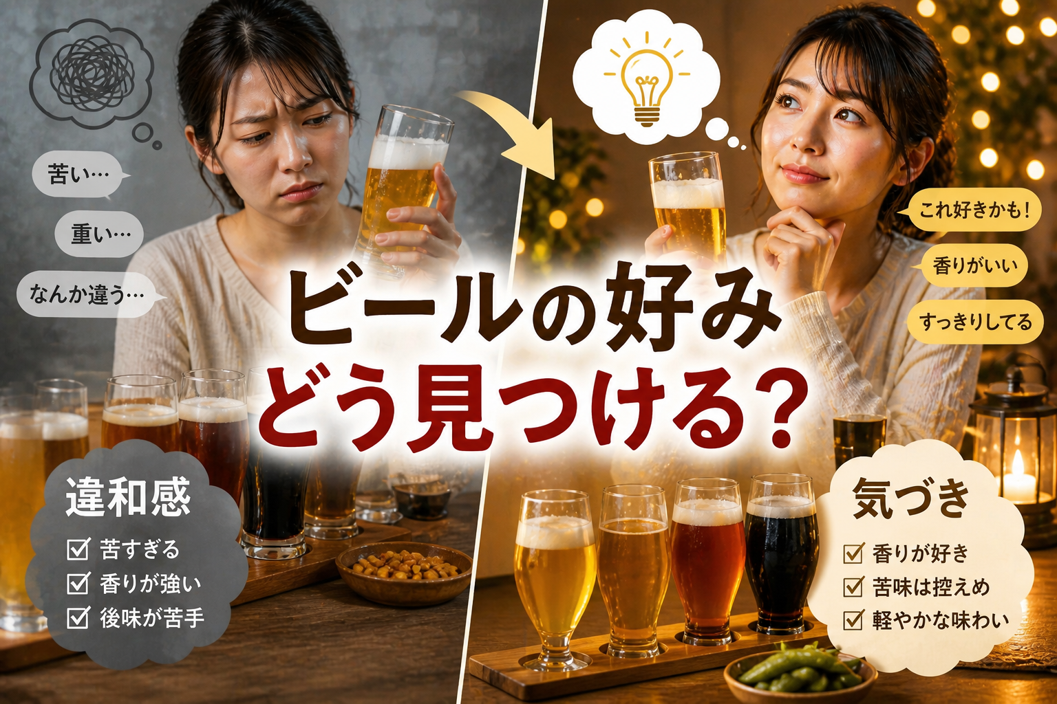 ビールを飲んだときの違和感から自分の好みに気づいていく過程を表現したイメージ。ビールと考える人物、違和感と気づきの対比構図