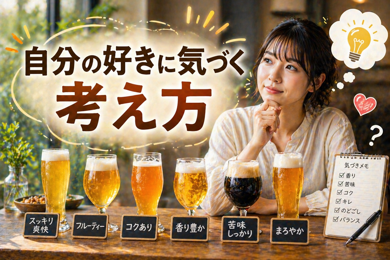 ビールの好みがわからない人が、自分の好きに気づいていく過程を表現したイメージ。複数のビールと考える人物の構図