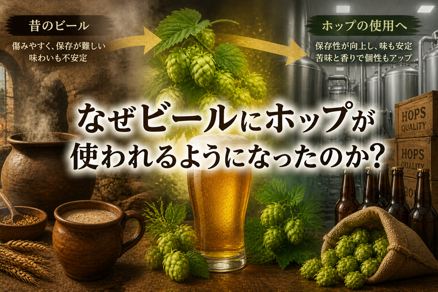 ホップによってビールの味と保存性が変わったことを示すイメージ