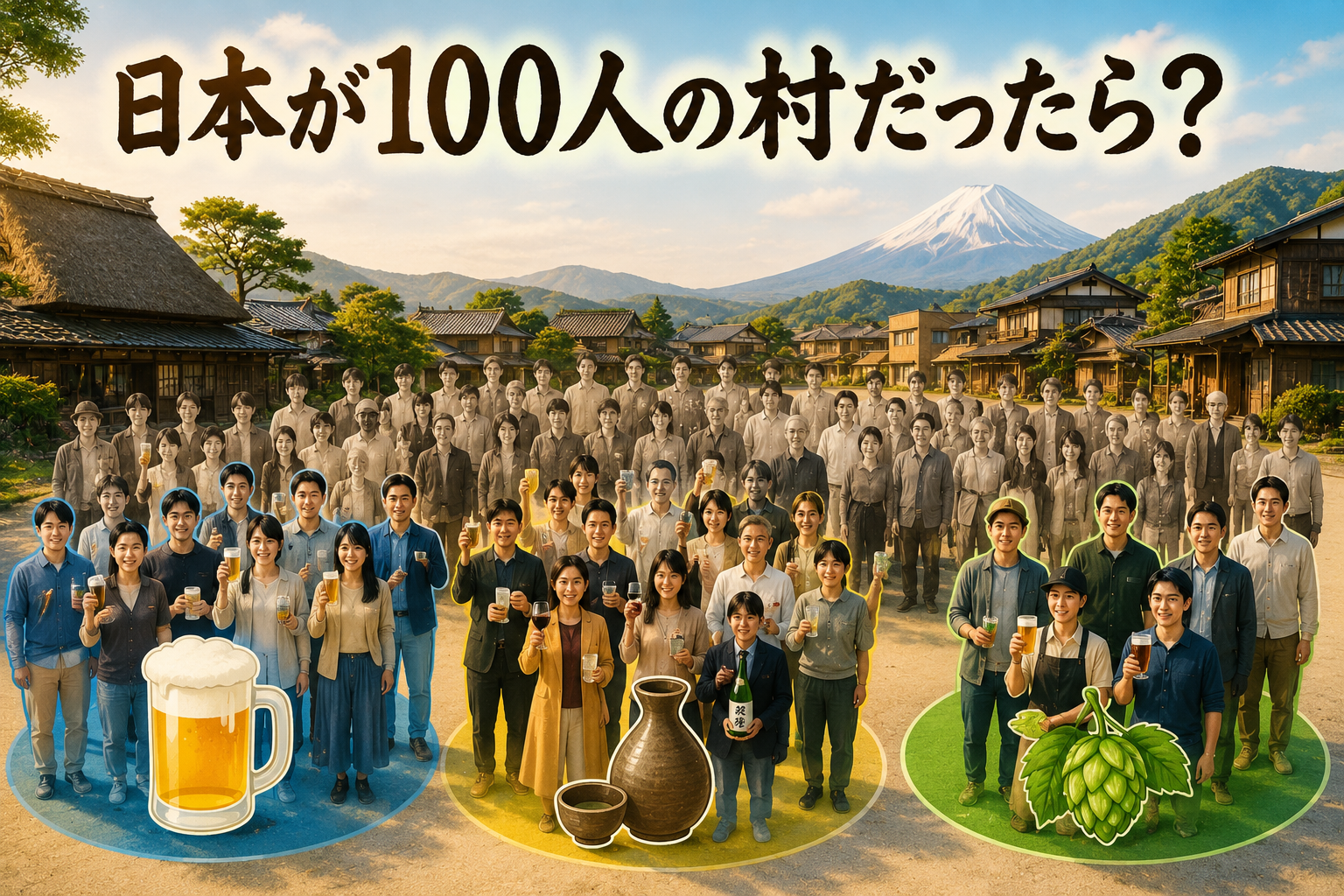 日本を100人の村に例え、お酒・ビール・クラフトビールの割合を表現したイメージ