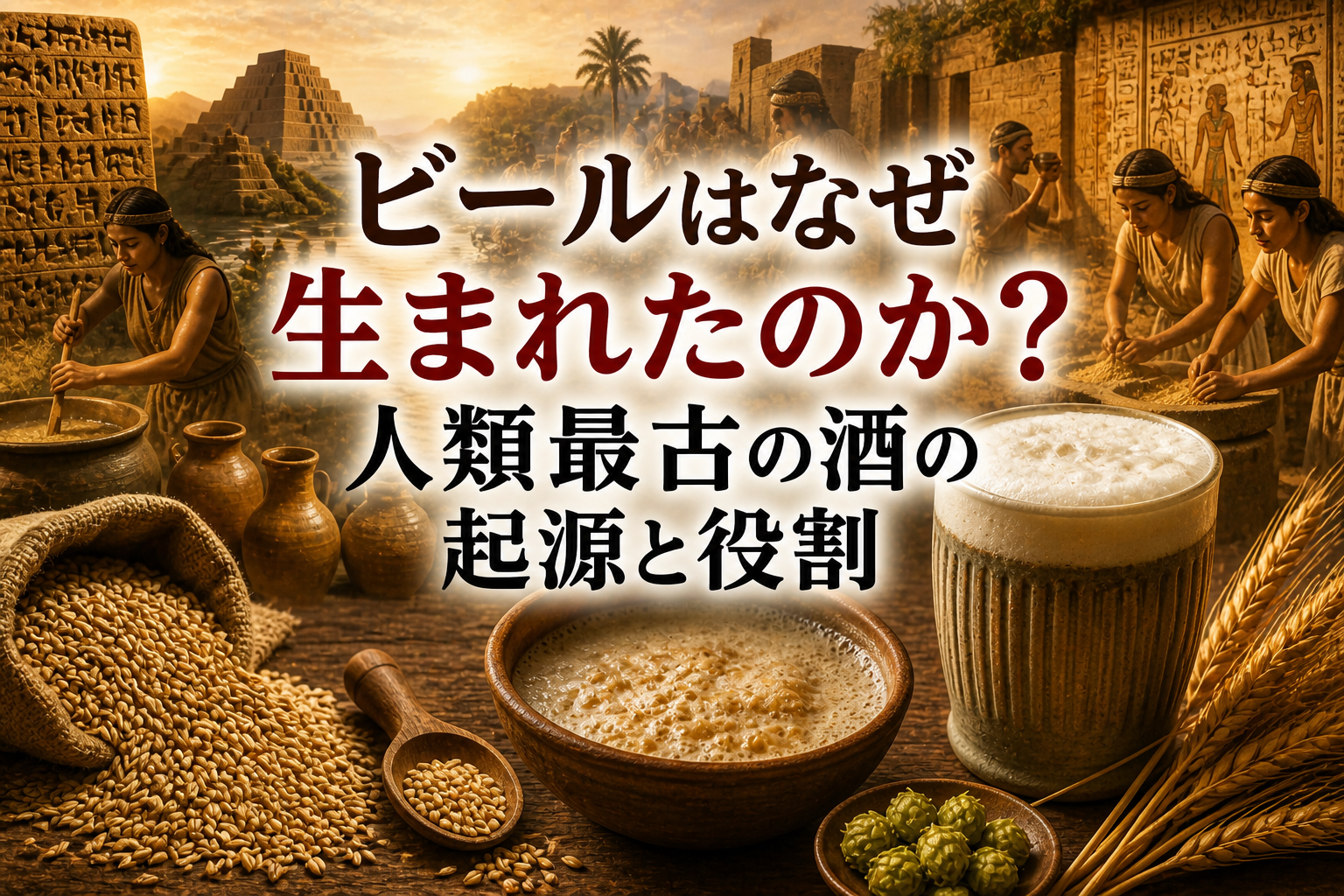 古代文明とビールの誕生を表現したイメージ。穀物と発酵から生まれた飲み物の起源を示す構図