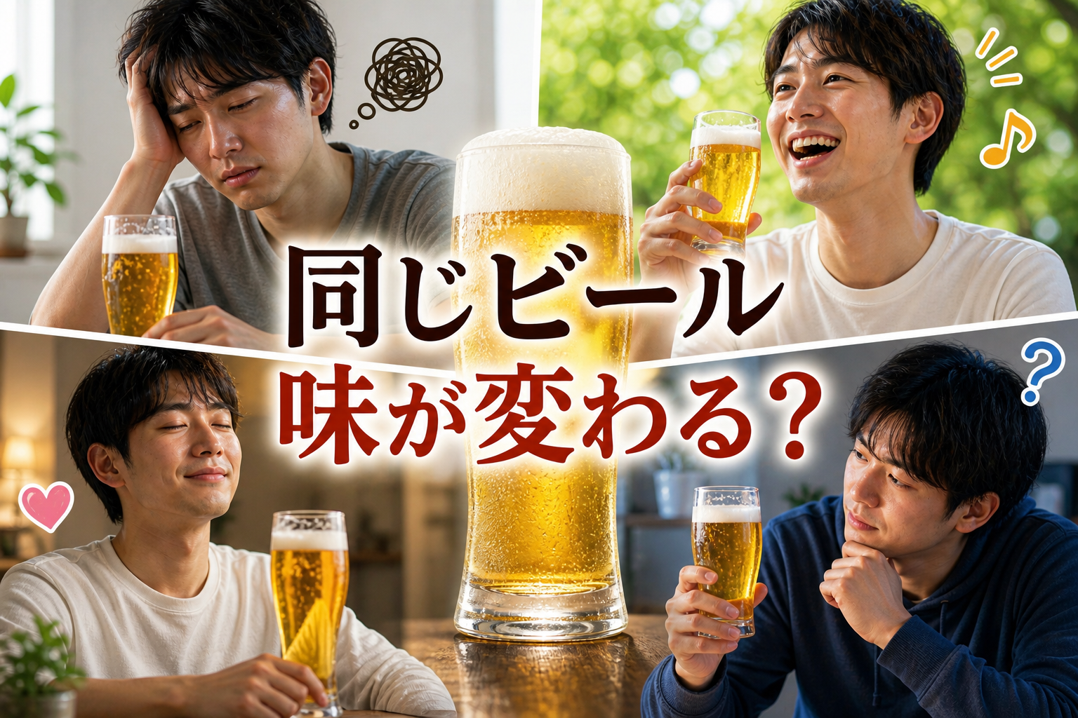 同じビールでも体調や気分によって味の感じ方が変わることを表現したイメージ。1つのビールと異なる状態の人物を対比した構図