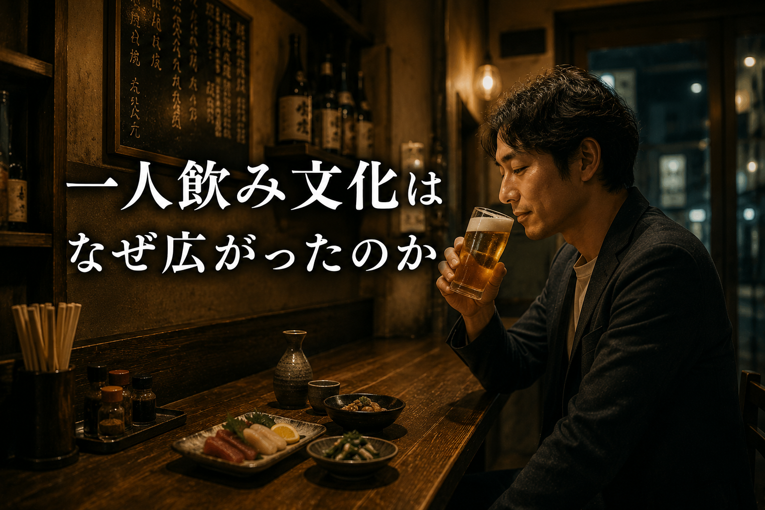 一人で静かにビールや酒を楽しむ現代の飲酒文化をイメージした風景