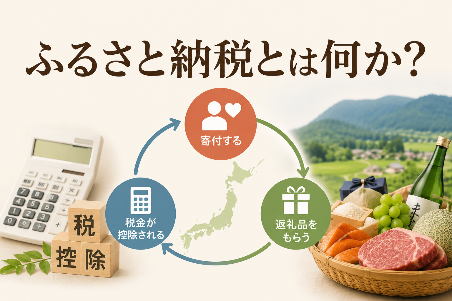ふるさと納税の仕組みをイメージした、返礼品と税金の流れを表現した画像