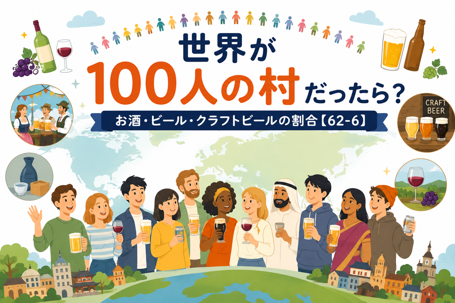世界を100人の村に例え、お酒・ビール・クラフトビールの割合を表現したイメージ