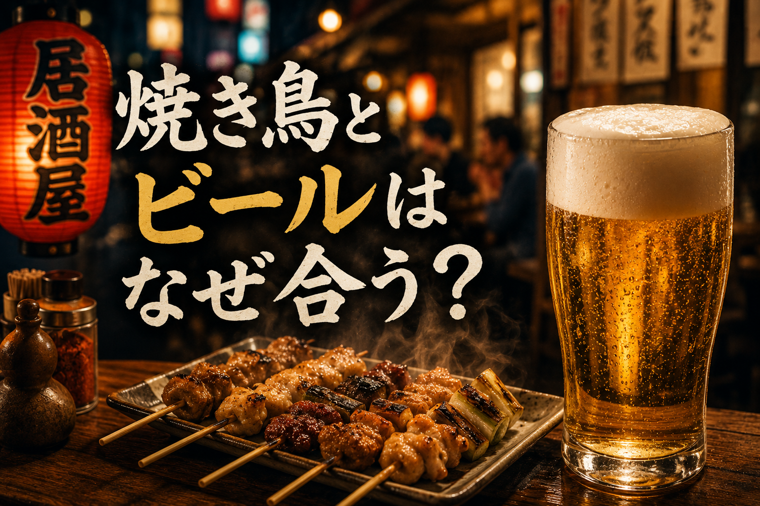 焼き鳥とビールを日本の居酒屋風に表現したイメージ画像